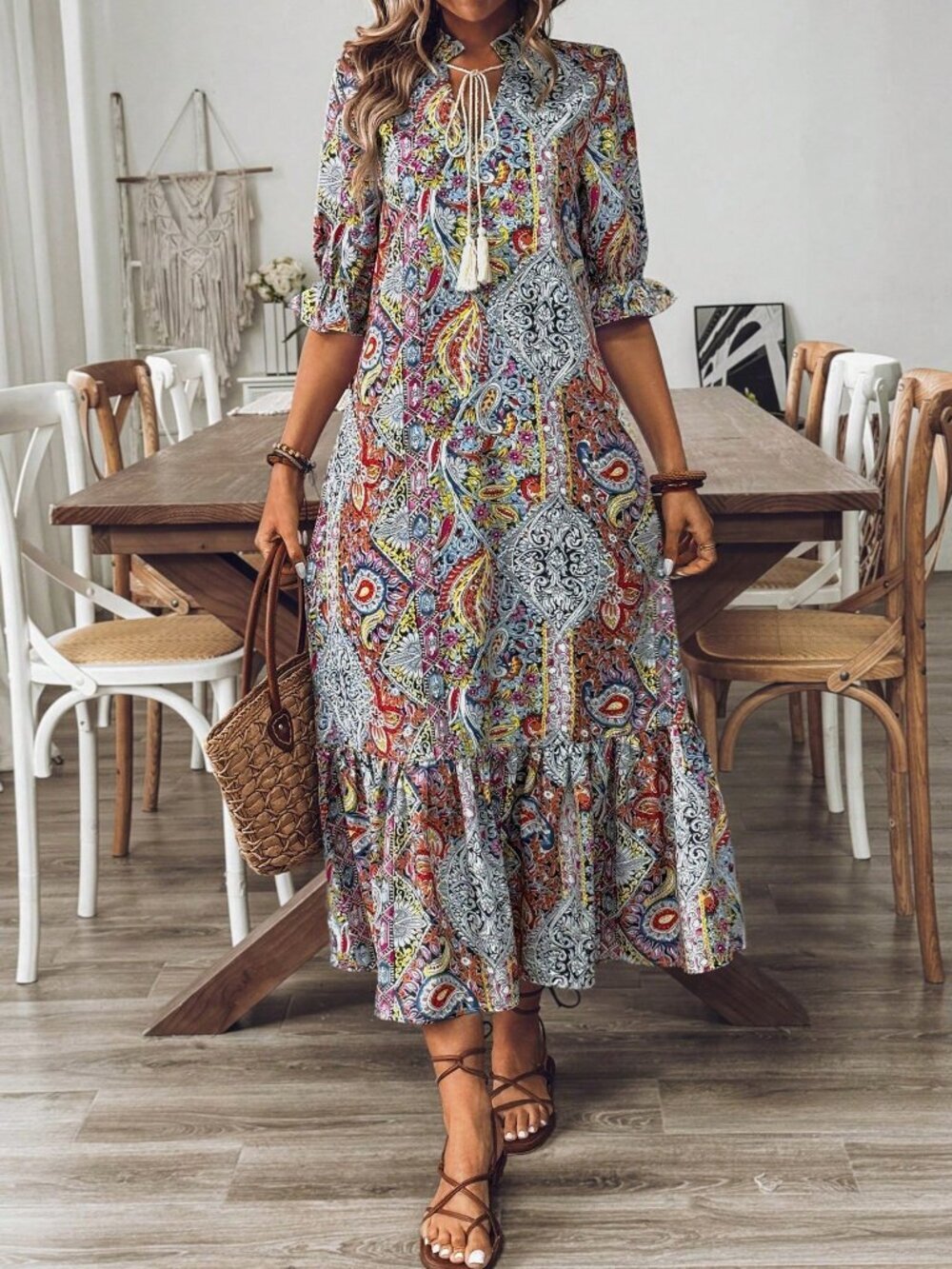Multicolor Boho Women's Ruffle Hem & Tie Neck dress - Picture 4 of 6